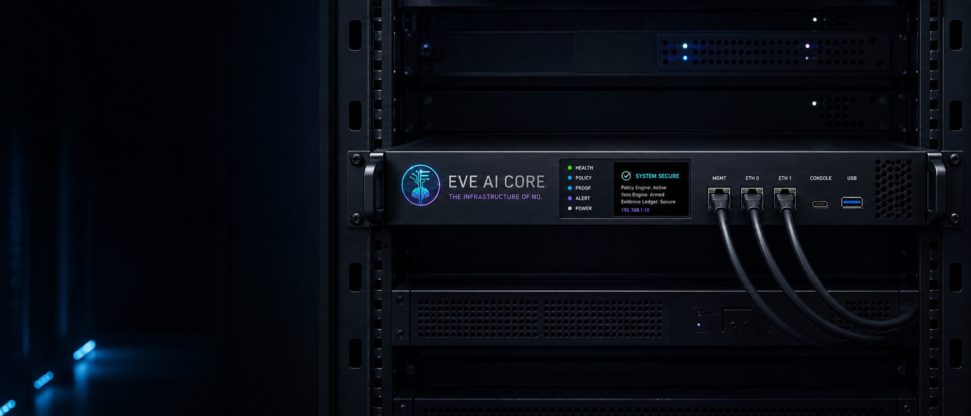 EVE AI Core sovereign deployment: a rack-mounted EVE AI Core unit with a SYSTEM SECURE status panel in a data-center rack.